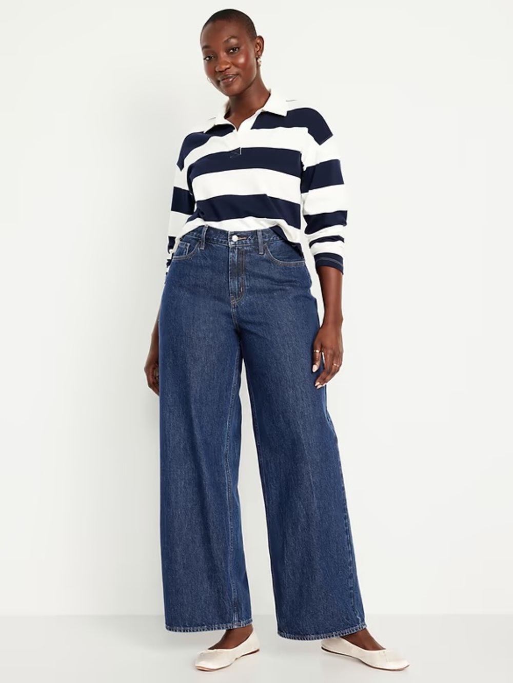 Old Navy Mid-Rise Wow Baggy Wide Leg Jeans in Dark Blue Denim - Picture 1 of 6